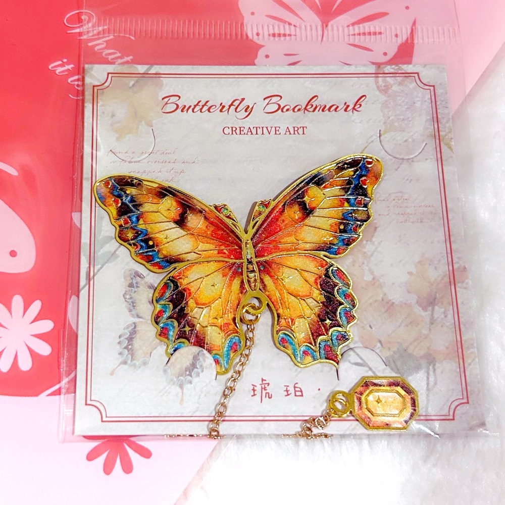 Orange Butterfly Metallic Bookmark w/octagon diamond charm chain